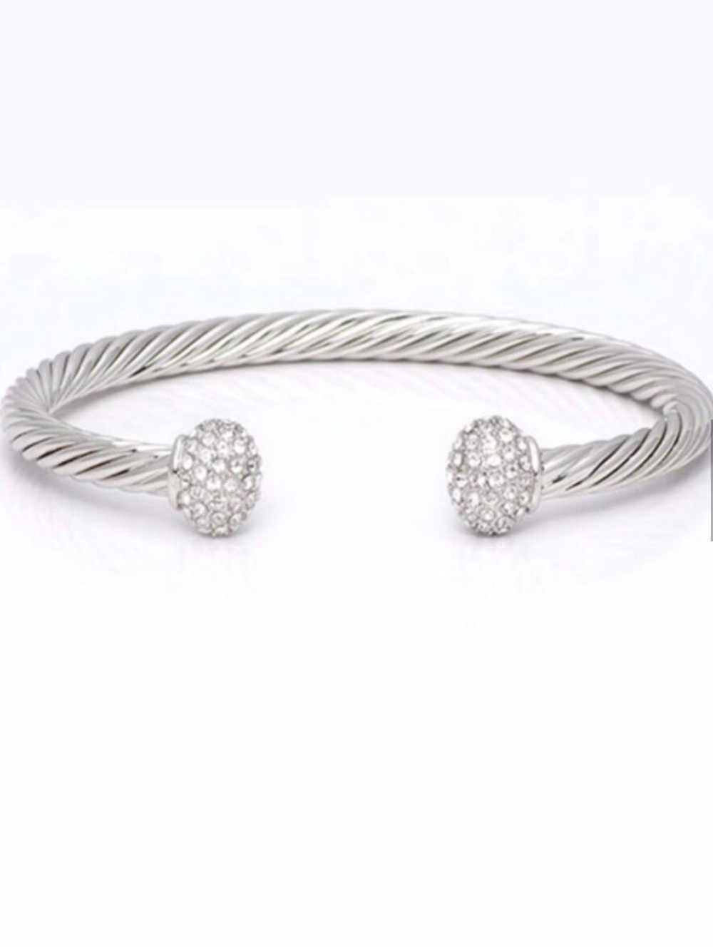 Touchstone Crystal Silver Twisted Cable Open Cuff Bracelet with Pave Ends